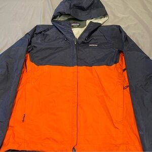 Patagonia Men's Vibrant Orange and Dark Blue Raincoat